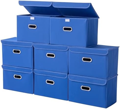 STOREONE Fabric Storage Cube Bins Foldable Organizer Container Collapsible Basket with Lids and Metal Handles, for Home, Bedroom, Closet 8 Pcs (Dark Blue) by STOREONE
