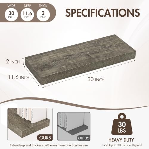 Acovy 30 Inch Floating Shelves, 12" Deep Floating Shelf Wall Mounted, 30" Wall Shelves, Rustic Deep Bookshelf, Extra Deeper & Thicker Display Shelves for Bedroom, Living Room, Set of 2 - Image 3