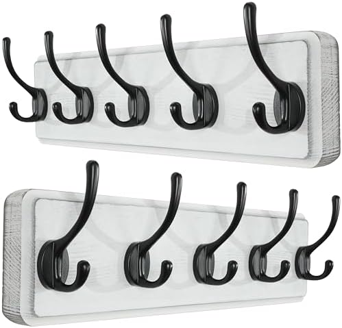 SKOLOO Rustic Coat Rack Wall Mount, 5 Hooks, 17 Inch, Solid Wood, White by SKOLOO