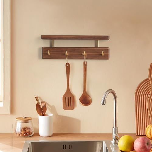 Solid Wood Shelf with Hooks, 12 inch Coat Rack Wall Mount, Shelves with 4 Brass Hooks for Hanging in Entryway, Living Room, Bathroom, Bedroom, Kitchen(Walnut) - Image 2