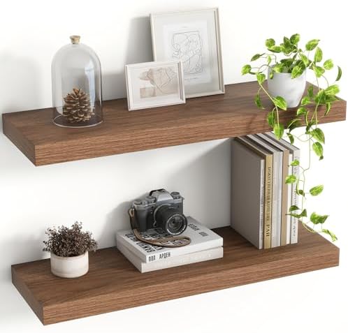 Acovy 24 Inch Floating Shelves, 8 Inch Deep Floating Shelves for Wall, Hanging Shelf with Invisible Brackets, Deep Shelves for Bathroom, Bedroom, Living Room, Walnut, Set of 2 by Acovy