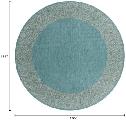 Unique Loom Outdoor Border Collection Area Rug - Floral Border (13' Round, Aqua/ Ivory) - Image 2