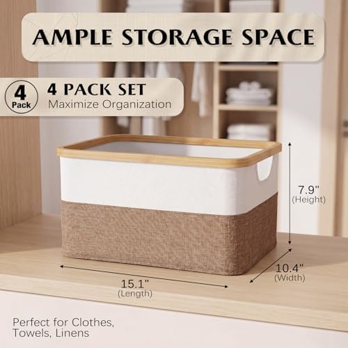 Hushee 4 Pack Bamboo Fabric Storage Bins for Shelves, 15"x10"x7.9" Collapsible Storage Baskets for Organizing, Two-Tone Foldable Bins for Clothes, Towels, Linens(White with Brown) - Image 2