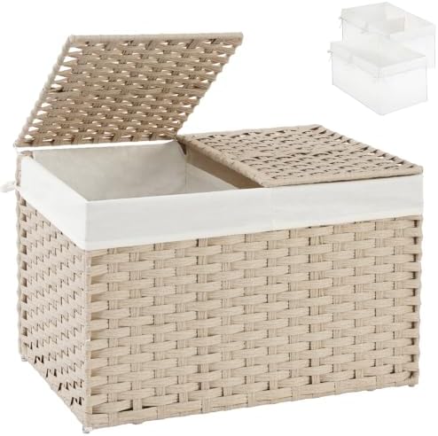 SETVSON Storage Basket with Lid 105L PE Rattan Storage Bin Light Khaki by SETVSON