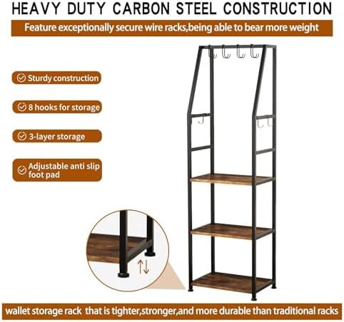 3-Tier Purse Stand Handbag Organizer, Hall Tree for Entryway Steel Frame, with 8 Removable Hooks，Clothes Rack Stand Organizer(Rustic Brown) - Image 4
