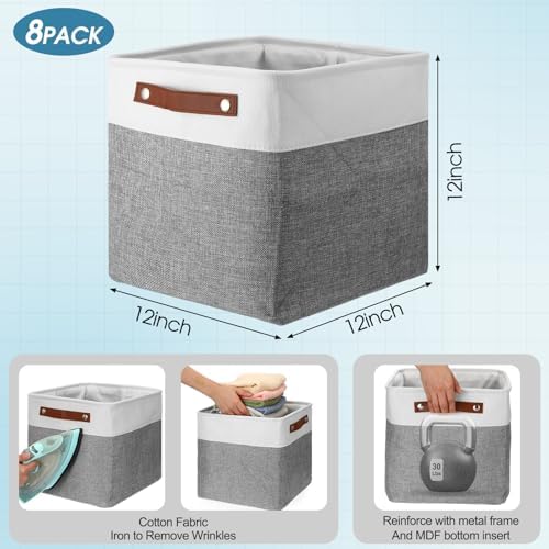 Uiifan 8 Pack 12 x 12 x 12 Inch Large Storage Baskets Collapsible Fabric Storage Cubes Bins with Handles for Shelves Closets Nursery Home Clothes Toys Organizers, Gray - Image 3