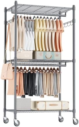 Homdox Narrow Rolling Garment Rack with Double Rods and 3 Adjustable Shelves, Compact Portable Closet Organizer for Bedroom, Dorm, Laundry Room, 23.62" W x 16.54" D x 80.71" H, Gray by HOMDOX