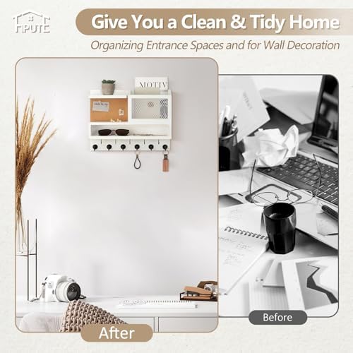 Key Holder for Wall with Mail Organizer,Farmhouse Mail and Key Holder for Wall,Key Hanger with ‌Metal 11 Hooks,Corkboard,and Shelf,Decorative Natural Pine Wood Entryway Organizer,14.6*11.1*3.3”,White - Image 4