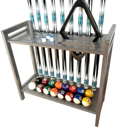 Pool Stick Holder Floor Stand Holds 9 Cues & Pool Table Accessories. Wooden 2-Tier Cue Stick Storage with Ball Rack Hangers, Billiard Cone Chalk Holder or Drink Pads by GACCOBILLIARDS