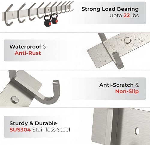 Coat Rack Wall Mount – Brushed Nickel 30 Inch Stainless Steel Hook Rail with 10 Heavy Duty Double Coat Hooks – Wall Mounted Coat Hanger for Entryway, Bathroom, Bedroom, Towel, Hat Organizer - 2 Pack - Image 4