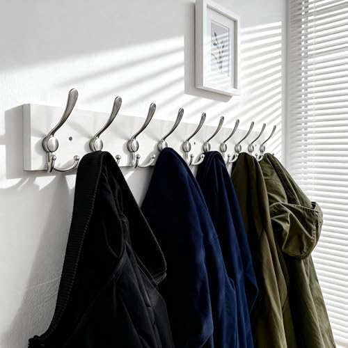 SKOLOO Creations White Solid Wood Wall Mounted Coat Rack, 10 Hooks, 38-1/8" Long - Kitchen, Mudroom, Entryway, Bathroom - Includes Mounting Hardware, Wall Coat Hanger, Towel Rack - Image 4
