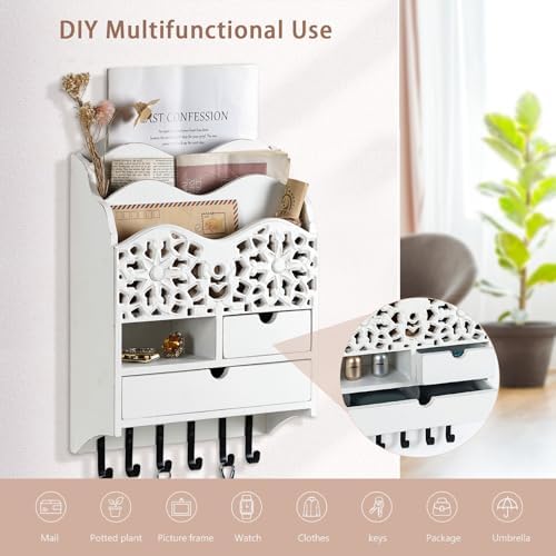 3-Slot Mail Sorter Organizer Wall Mount with 6 Hooks - Image 2