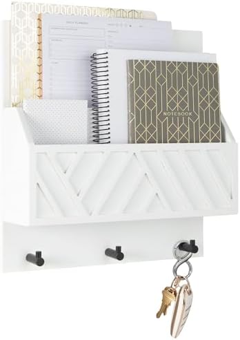 BLU MONACO | Wall Mount Key Holder with Mail Organizer | Wooden Command Center with 3 Hooks and 2-Tier Letter Pockets | Entryway Mail Sorter & Key Rack | White Geometric Wall Organizer for Office Home by Blu_Monaco