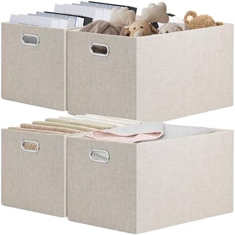 Posprica Closet Storage Bins, 4 Pack Large Closet Shelf Organizers, Linen Fabric Decorative Storage Baskets for Organizing, Foldable Storage Box for Clothes, 16.5x12x10.25 Inch (Beige) by Posprica