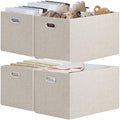 Posprica Closet Storage Bins, 4 Pack Large Closet Shelf Organizers, Linen Fabric Decorative Storage Baskets for Organizing, Foldable Storage Box for Clothes, 16.5x12x10.25 Inch (Beige) by Posprica