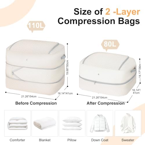Comforter Storage Bag - 110L Large Capacity Blanket Storage Bags 2-Layer Ultra Space Saving Self Compression Organizer, Washable Compression Bags for Storage Comforter Blanket, 4-Pack, Beige - Image 2