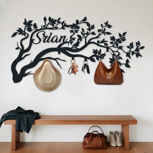 Custom Last Name Sign, Tree Branches Wall Coat Rack, Metal Hat Rack Name, Tree Hooks Metal Decor, Mounted Coat Hanger, Entryway Wall Art Signs by MCNPELX