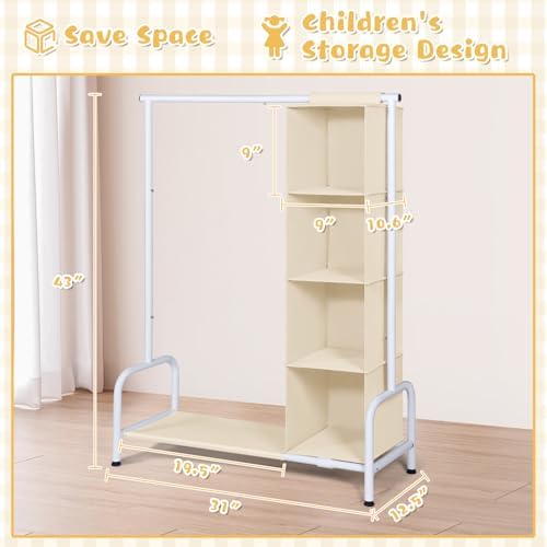 Univivi Kids Clothing Rack with Hanging Organizer, 43 Inch, Beige and White - Image 3