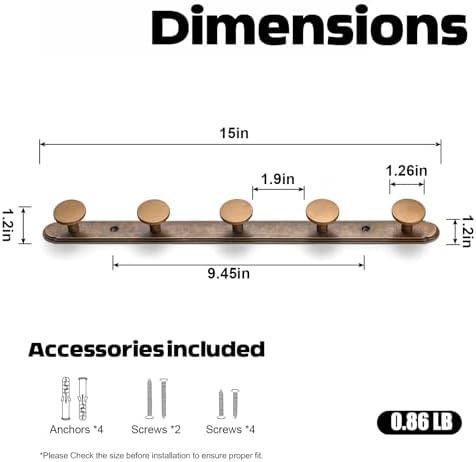 Goo-Ki Antique Brass Coat Rack Wall Mount with Orbit Rim Backplate, Heavy Duty Zinc Coat Hooks Wall Mounted, Vintage Rustic Hat Hanger and Towel Rack for Entryway, Mudroom, and Bathroom (5 Hooks) - Image 2