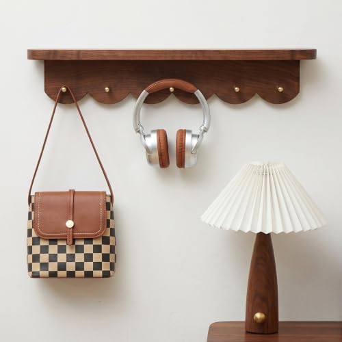 Lewtemi Wall Mount Coat Rack with Shelf 24.5" Scalloped Walnut with 6 Hooks - Image 4