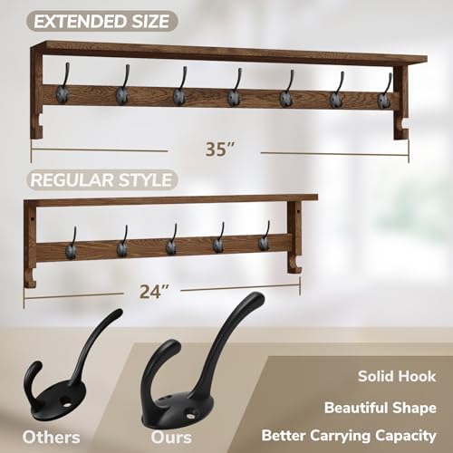 AMBIRD Coat Rack Wall Mount, 35 Inch Extra Long Wall Hooks with Hanging, Wooden Shelf with 7 Metal Hooks 2 Side Hooks, Wall Key Holder with Shelf in Entryway, Kitchen, Bathroom, Living Room, Bedroom - Image 2