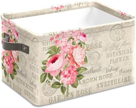 Vintage Rose Floral Foldable Baskets Storage Bins with Handles, Decorative Cloth Organizer Storage Boxes 2 sets - Image 3