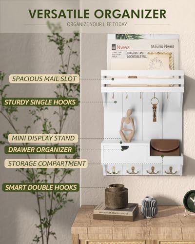 Rebee Vision Key Holder Wall Mount with Drawer & Shelf for Entryway, White - Image 4