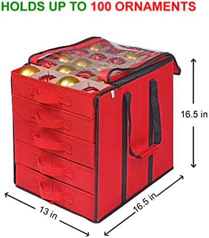 ProPik Christmas Ornament Storage Boxes with Dividers - 5 Separate Trays - Ornament Holder - Keeps 100 Holiday Ornaments - Durable Carrying Bag Handles Organizer Storage Box (Red) - Image 5