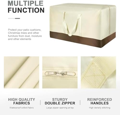 Christmas Tree Storage Bag, Outdoor Cushion Storage Bags 60 inch Extra Large Patio Furniture Cushion Storage Bag Waterproof Garden Cushion Storage Covers (2 Pack, 60"L x 20"W x 28"H), Beige - Image 3