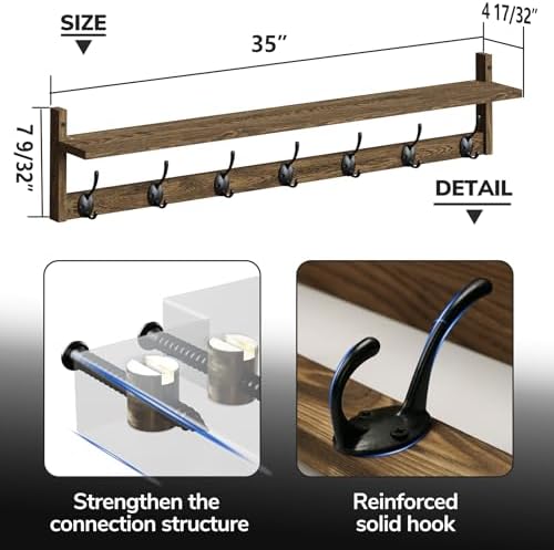 BAMEOS 35" L Wooden Coat Rack Wall Mount, Large Wall Coat Hooks with Shelf, Wall Hanging Shelf with 7 Dual Metal Hooks for Entryway, Bathroom, Kitchen, Living Room, Bedroom - Image 3