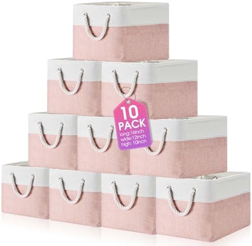 FoldTier 10 Pack Large Collapsible Fabric Storage Baskets with Handles Decorative Storage Bins for Organizing Shelves Toys Clothes (Pink & White,16 x 12 x 10 Inches) by FoldTier