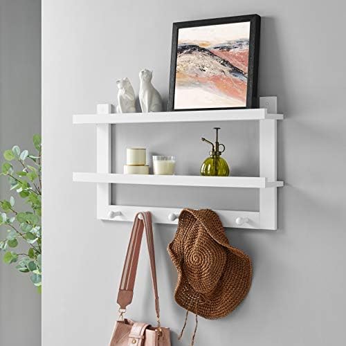 Danya B 2-Tier Ledge Wall Shelf Organizer with Five Hanging Coat or Towel Hooks - Perfect for Entryway or Bathroom (White) - Image 3