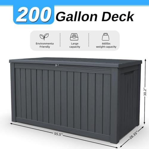 200 Gallon Deck Box, Resin Outdoor Waterproof Storage Box, Lockable Storage Box With Handle for Patio Furniture - Garden Tools - Swimming Pool Tools UV Resistant, Black - Image 2