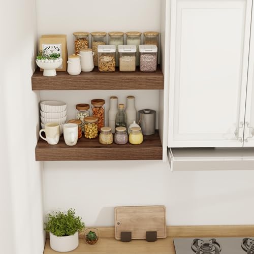 Acovy 24 Inch Floating Shelves, 12" Deep Floating Shelf Wall Mounted, 24" Wall Shelves, Rustic Deep Bookshelf, Extra Deeper & Thicker Display Shelves for Bedroom, Living Room, Walnut, Set of 2 - Image 2
