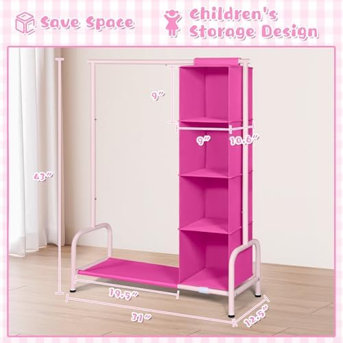 Univivi Kids Clothing Rack with Hanging Organizer, Rose Red and Pink - Image 3