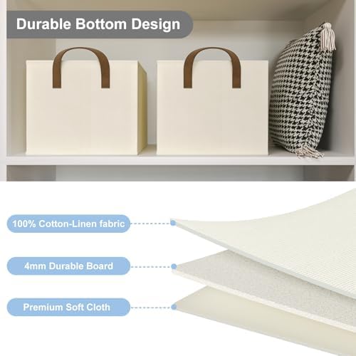Closet Storage Bins, Fabric Closet Organizers and Storage Basket for Shelves, Collapsible Shelf Baskets for Organizing Shelves, Bedroom Clothes Basket, Beige, 3 Pack - Image 2