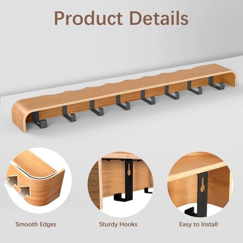 Coat Rack Wall Mount with Hidden Hooks, Wall Hooks with Shelf, Wall Key Holder Mount Wooden Shelf Entryway Hooks for Bedroom Bathroom for Hanging Coats Hats Bags Towels (Oak Wave-Shape, 8 Hooks) - Image 3