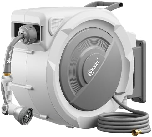 Retractable Garden Hose Reel, 1/2" x 150FT Heavy Duty Auto Hose Reel Wall Mounted, Upgraded UV Resistant with 10 Pattern Nozzle, Any Length Lock & Slow Return System,180°Swivel Bracket,Light Grey by SILVEL