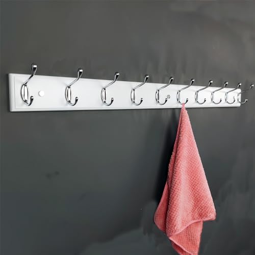37 Inch Long Wooden Wall Mounted Coat Rack with 10 Silver Chrome Hooks for Entryway and Bedroom to Hang Coats, Hats - Heavy Duty Hooks School Bag - Image 2