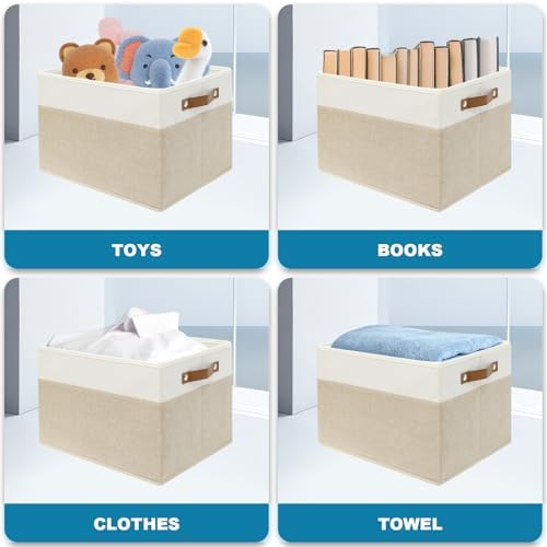 6 Pack Fabric Storage Baskets with Handles (White with Beige,15" L*10.2" W*9" H) - Image 4