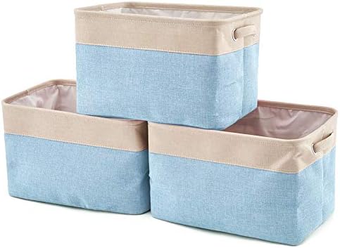 EZOWare Set of 3 Large Canvas Fabric Tweed Storage Organizer Cube Set W/Handles for Nursery Kids Toddlers Home and Office - 15 L x 10.5 W x 9.4 H -blue by EZOWare