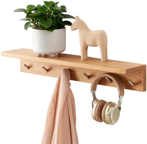 Coat Rack Shelf Wall Mounted Oak Wood Entryway Shelf with 6 Hooks Wall Coat Hook Rack with Floating Shelf for Bedroom, Living Room, Kitchen (Natural, 27.5 inch) by TRWISWDC