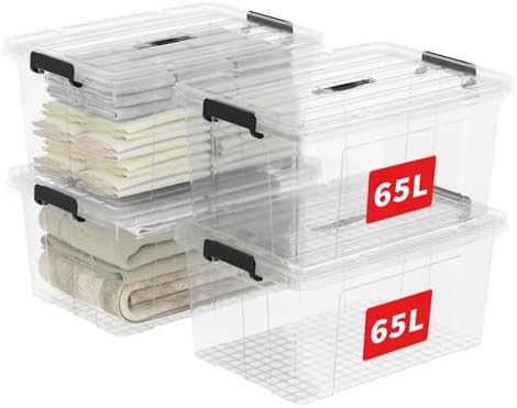 Cetomo Lidded Storage Bin with Handle, Storage Bins with Lid, Organizing Container with Secure Latching Buckles, Stackable and Nestable, Plastic, 72 Quart-4 Pack, Clear by Cetomo