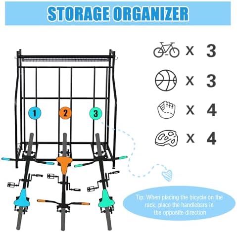 Mythinglogic 3-Bike Garage Storage Rack with Ball Basket and Hooks - Image 3