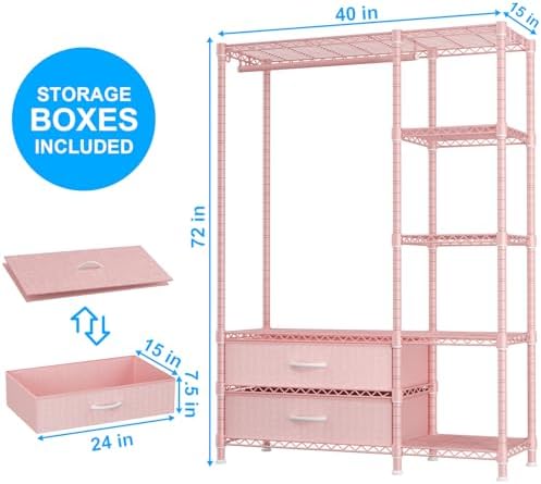 Ulif F3 Heavy Duty Clothes Rack（With Fabric Drawers）Freestanding Clothing Racks for Hanging Clothes，Adjustable Closet Organizer System，Portable Garment Rack 40" W x 15" D x 72" H，Max Load 700LBS，Pink - Image 2