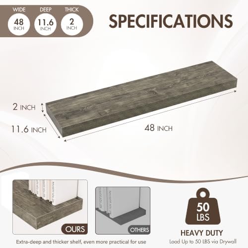 Acovy 48 Inch Floating Shelves, 12" Deep Floating Shelf Wall Mounted, 48" Wall Shelves, Rustic Deep Bookshelf, Extra Deeper & Thicker Display Shelves for Bedroom, Living Room, Set of 1 - Image 3