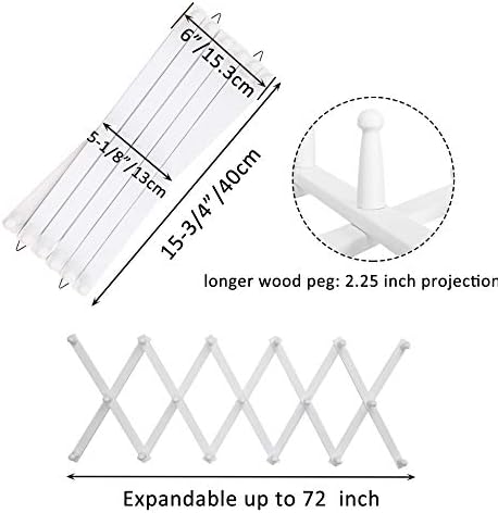 WEBI Accordion Wall Hanger,Expandable Wooden Hat Rack for Wall Mounted Coat Rack,Accordion Hat Hooks Holder for Baseball Caps,17 Peg Hooks,White,2 Packs - Image 2