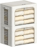 FHSQX 2 Pack Clear Window Storage Bins Large Stackable Linen Fabric Storage for Clothes Foldable Container Organizer Set with Carrying Handles (Lvory White, 19.7x 15.7x 12.6 Inch) by FHSQX