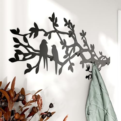 Tree Branch Coat Rack Wall Mount, 5 Hooks – Heavy Duty Metal, Birds on Tree Branch Wall Art & Functional Entryway Organizer, Wall Mounted Hanger for Living Room, Bathroom, Bedroom, Home Décor, 41x16" by Unknown