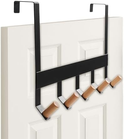 A&M Shops Over The Door Hanger - Heavy Duty Metal Door Hanger with Lotus Wood Tip for Bathroom & Bedroom - Coat Rack Organizer with 5 Stylish Towel Hooks for Door, Clothes & Bags - Black - Pack of 2 - Image 2